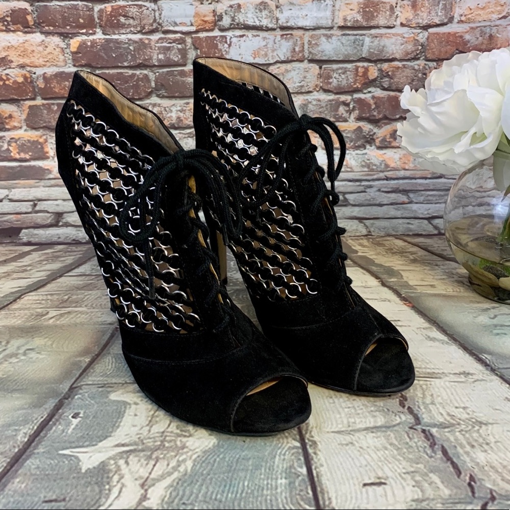 Black Suede Like Metal Accent Open Toe/Heel Laceup